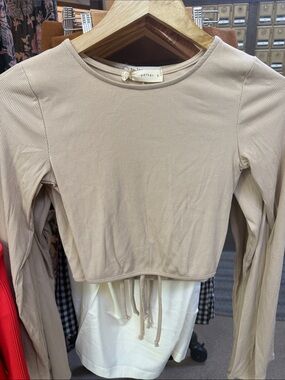 By Together Ribbed Long-Sleeve Drawstring Crop Top in Taupe